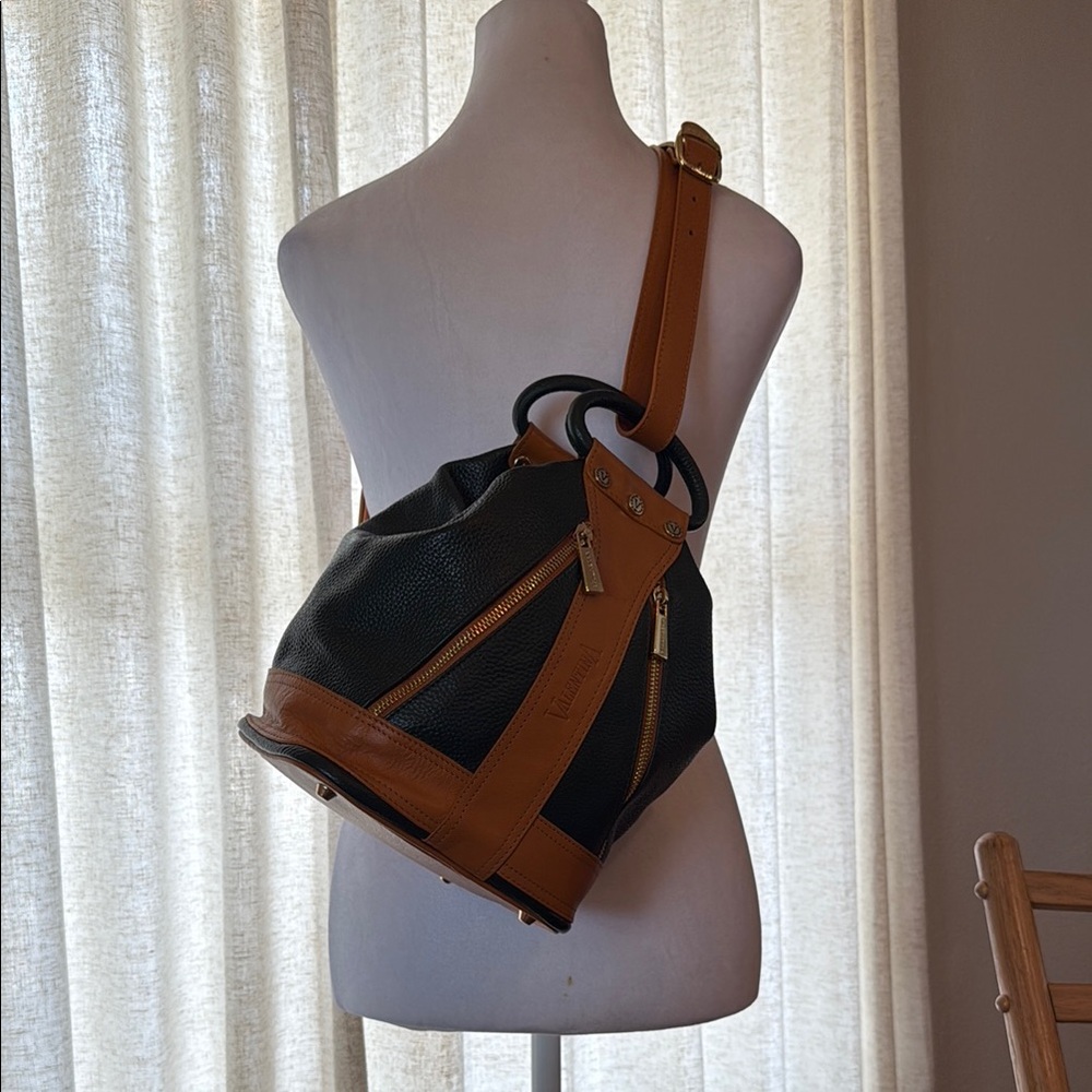 Valentina Italy Black & Tan Pebbled Leather Backpack Purse NWOT - Picture 9 of 10